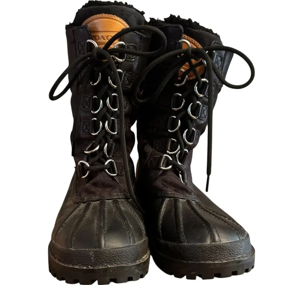 Coach Signature Logo Black Size 7 Laura Lace Up Sherpa Lined Snow Boots
